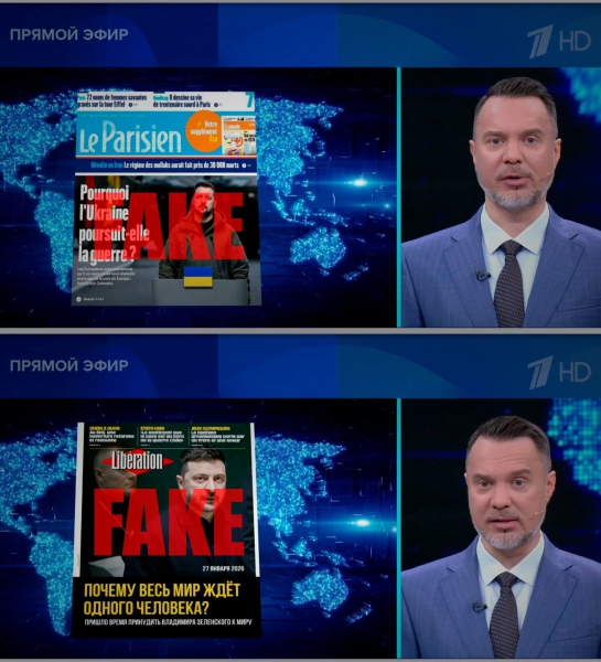 Russia’s Channel One airs fake front pages spread by Matryoshka bot network for the first time